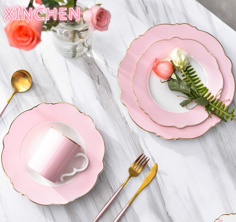 Ceramic Plate Pink Wave Point Simple Flat Plate Western Steak Plate Girl Heart Set Irregular Golden Girl