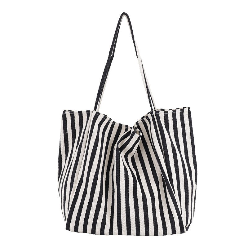 Large Capacity Canvas Women's Bag Retro Simple Striped Women's Shoulder Bag Multifunctional Casual Open Tote Shopping Bag: Thin strip-Black