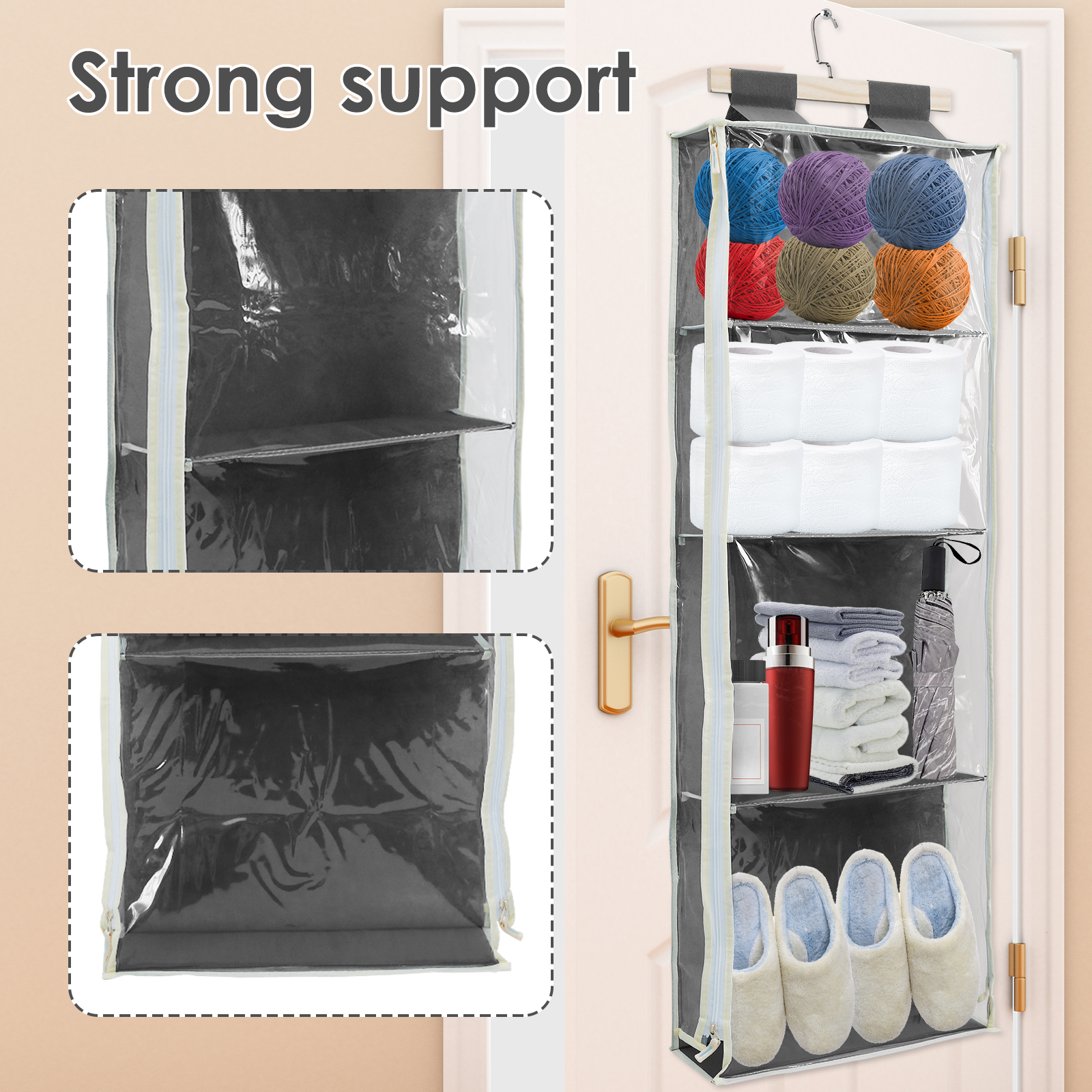 Organizador sobre la puerta con 4 bolsillos grandes, organizador de tejido de gran capacidad, almacenamiento con cremallera, bolsa colgante de felpa/hamaca para juguetes