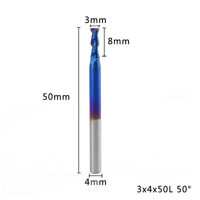 XCAN 1pc 1-12mm Nano bleu revêtement 2 flûte fraise en bout plat 50 degrés carbure fraise en bout CNC routeur fraise en bout: 3x4x50L