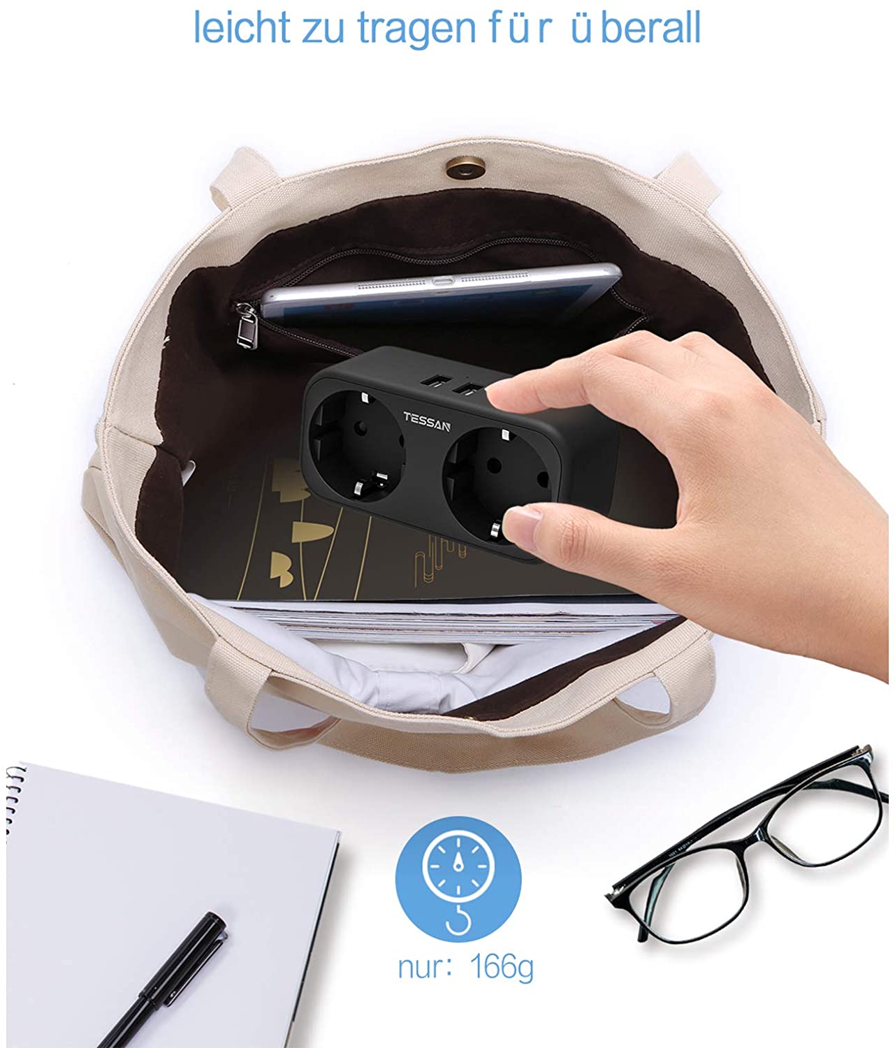 TESSAN – barre d&#39;alimentation d&#39;extension de prise européenne, avec 2 prises EU et 2 Ports de charge USB (5V 2,4 a), prise murale, adaptateur de voyage