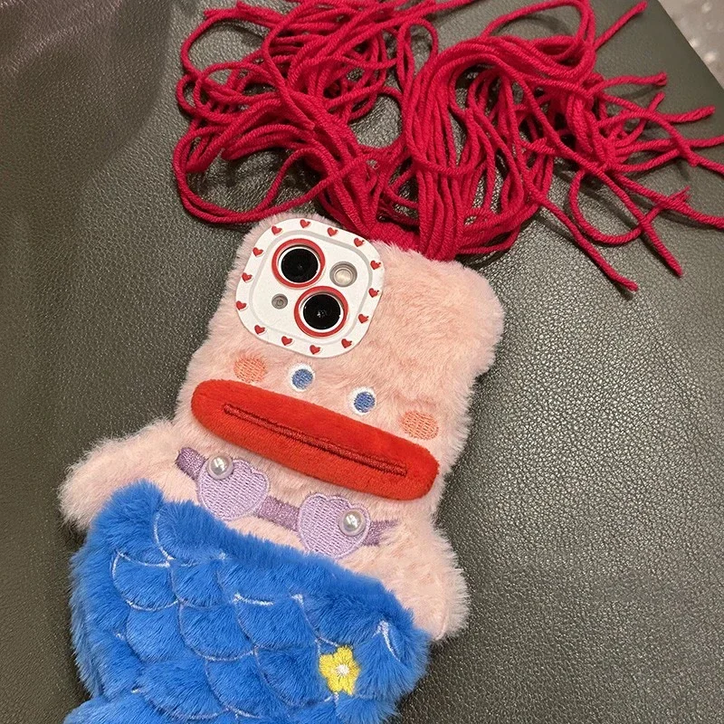 3D schattige pluche zeemeermin meisjes cadeau telefoonhoesje voor iPhone 15 14 13 Pro Max 12 11 X XR 6 7 8 plus winter pluizig haar zachte achterkant