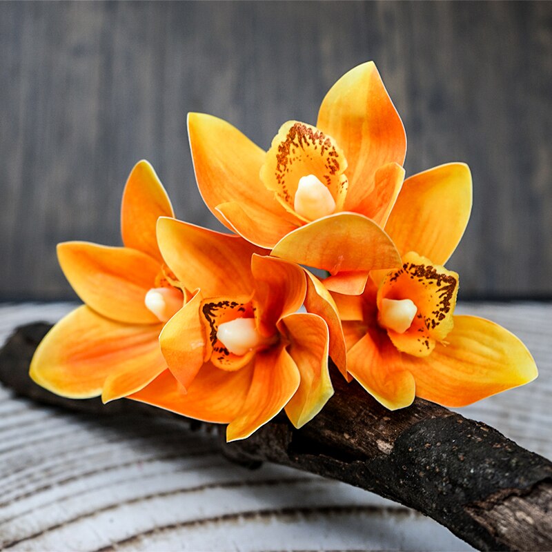 SunMade-ramo de orquídeas blancas de lujo, decoración para el hogar, decoraciones de otoño, Flores Artificiales, bricolaje, 4 Uds./lote: Orange