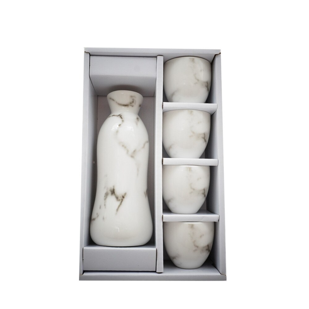 5 Piece Ceramic White Traditional Japanese Sake Set with Marble