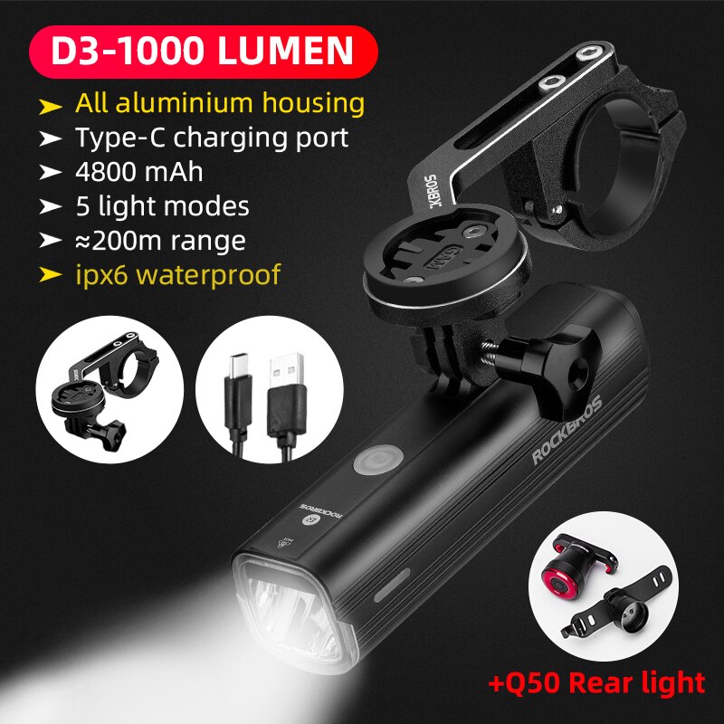ROCKBROS Bike Front Light IPX6 Waterproof USB Rechargeable Bicycle Light 1000LM Cycling Headlight LED 4800mAh MTB Flashlight: D3 and holder Q50