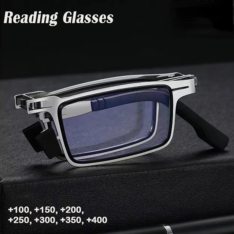 Retro opvouwbare leesbril voor heren / dames metalen frame anti-blauw lichtbril met gratis hoesje