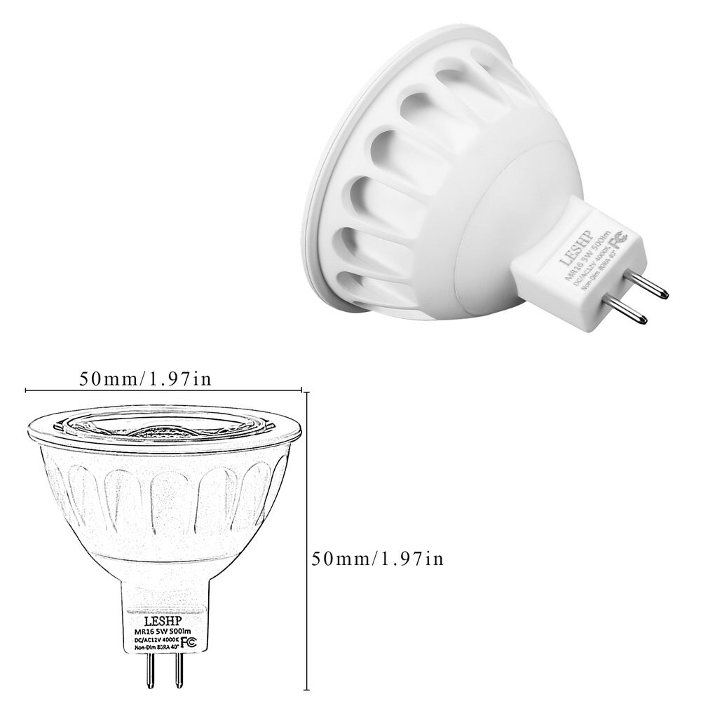 LESHP White MR16 AC/DC12V 5W LED Spotlight 4000K 500LM Non-Dimmable 40 Degree Beam Angle Compact Size Light Weight