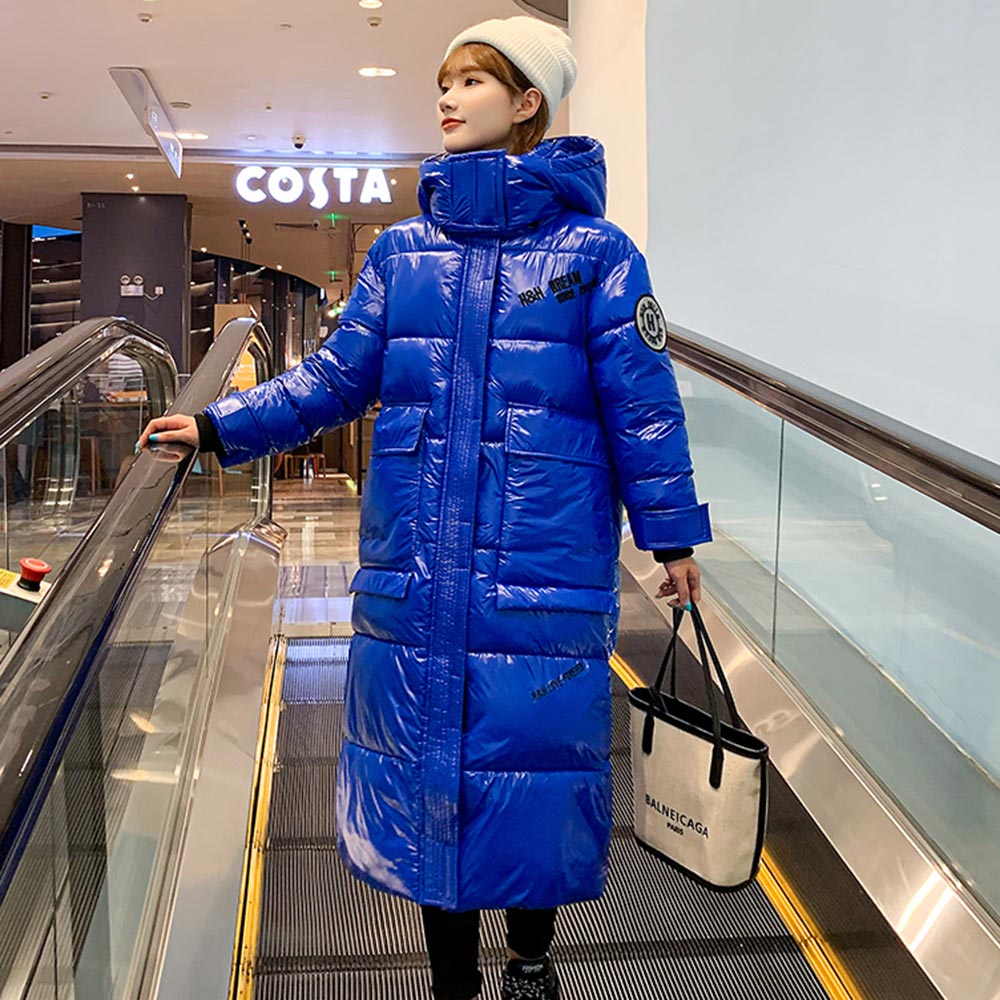 Pinkyisblack huva dam kappa lång parkas oversize vinterjacka dam glansig vinter tjock dunjacka dam kappa
