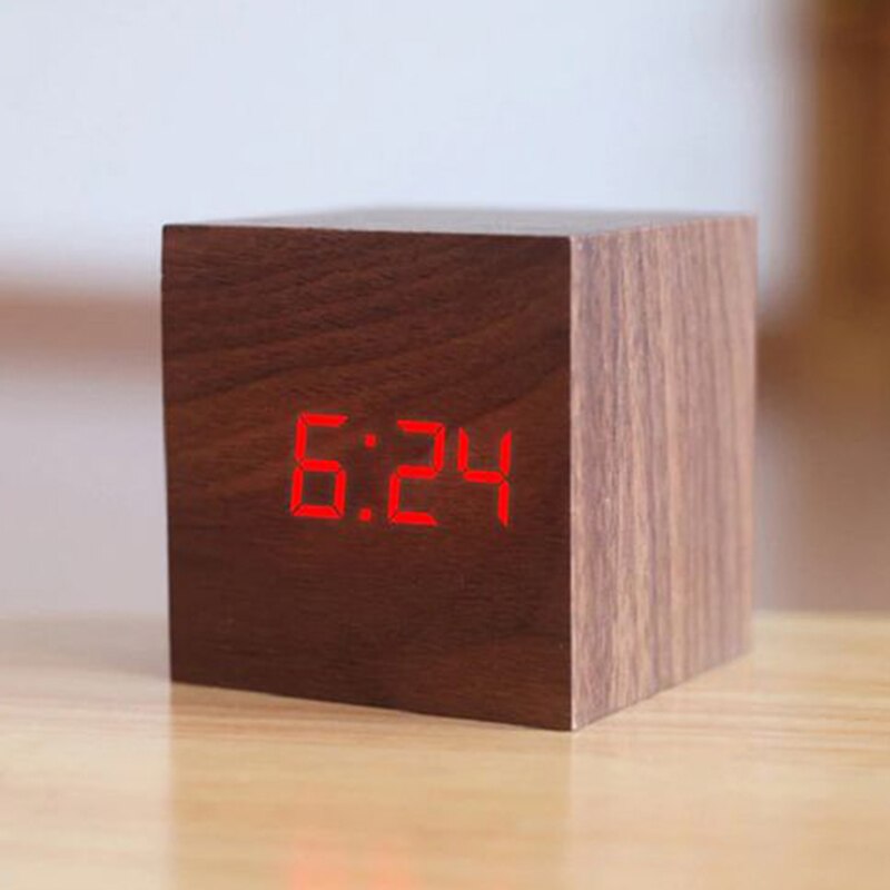 1PC Modern Wooden Cube USB Voice Digital Alarm Clock Digital Alarm LED Display Despertador Luminous Control Clock: 16