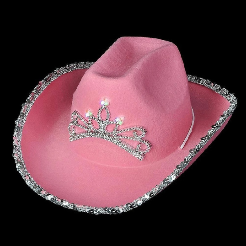 Lichtgevende Tiara Cowgirl Hoed Westerse Stijl Cowboy Hoed Roze Vrouwen Party Cap Kromgetrokken Brede Rand Met Pailletten Decoratie