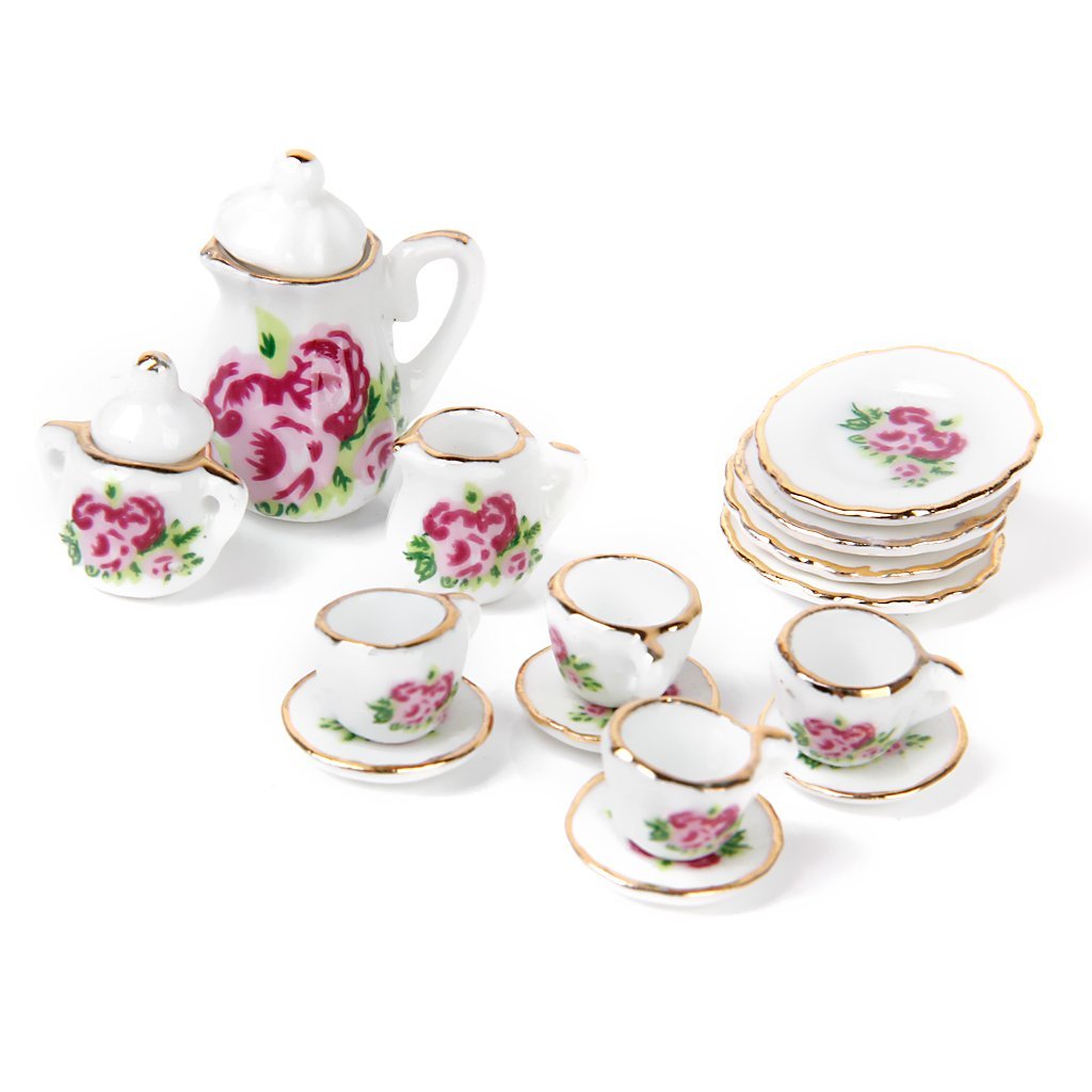 FBIL-15 pieces Porcelain tea set Dollhouse miniature foods Chinese rose dishes cup