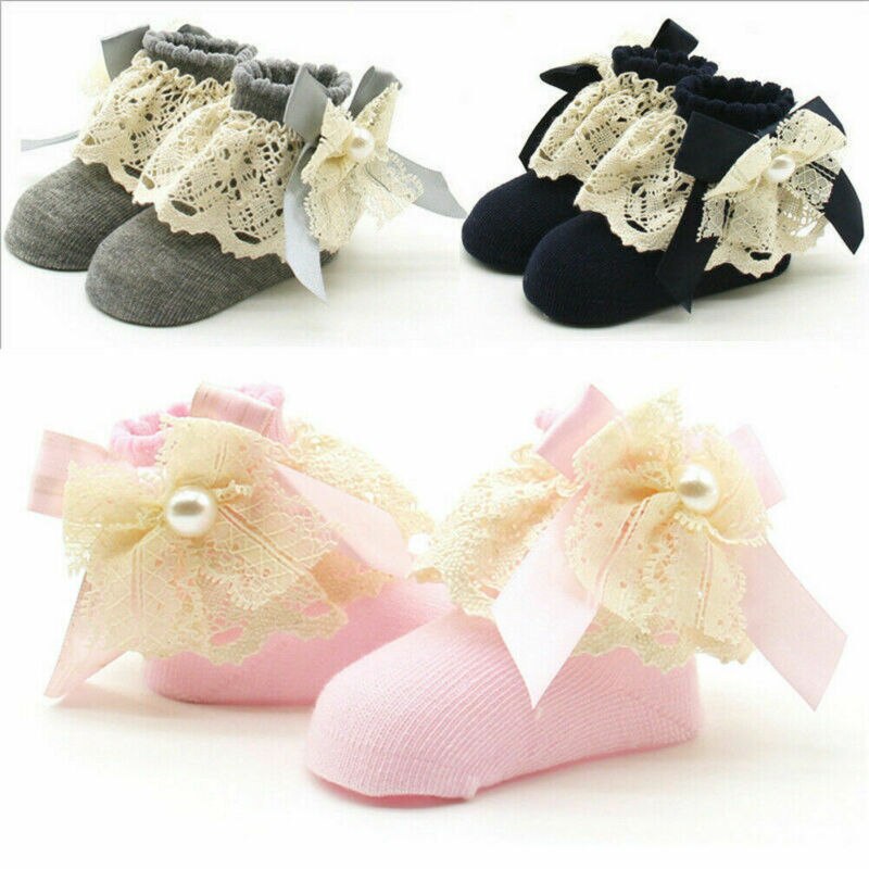 4 kleuren Leuke Meisje Baby Sokken Enkel Fancy Lace Ruffle Stroken Prinses Katoen Schoonheid Korte Sokken