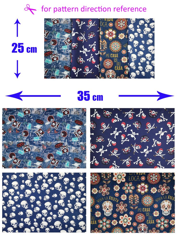 4 stk 35 x 25cm blomster kranium pirat bomuldsstof marineblå vintage antik vasket effekt patchwork væv sy tøj telas