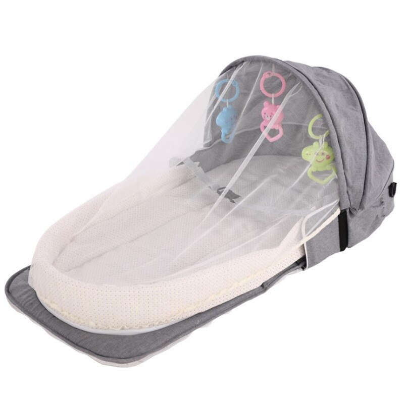 Bærbar bassinet til baby seng rejser sammenfoldelig solbeskyttelse myggenet åndbar spædbarn sovekurv (inkluderer gratis legetøj): Grå