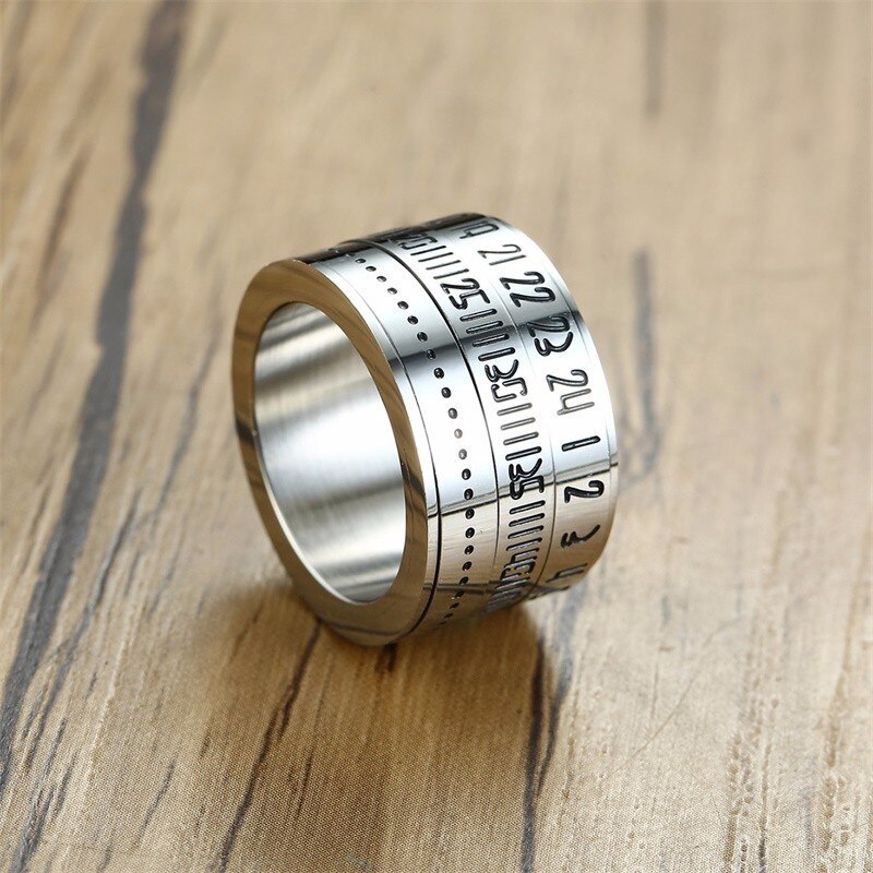 14MM Wide Mens Arabic Numerals Time Spinner Rings in Stainless Steel Spinning 3 Part Index Finger Ring