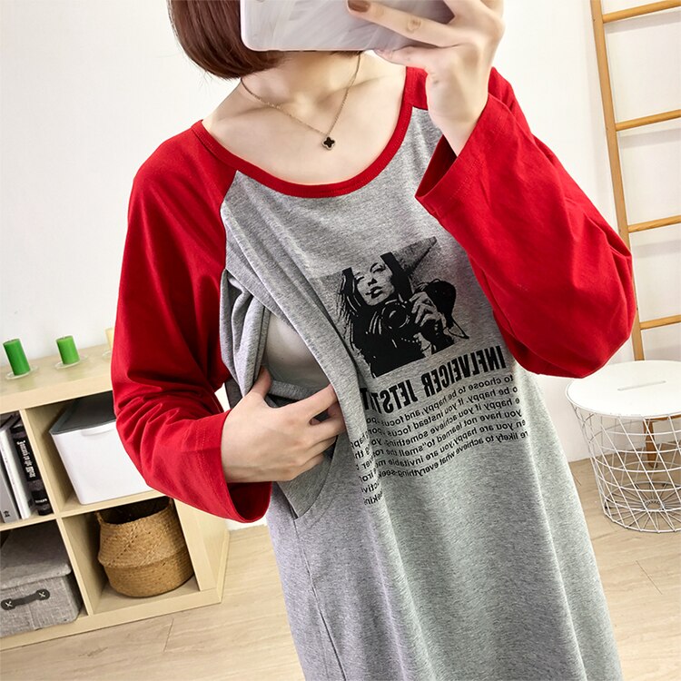 Höst ren bomull långärmad t-shirt klänning efter förlossningen bära hemkläder gravidtoppar rekommenderas 3962: Röd / L