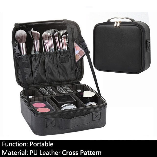 Female Beauty Makeup Case Brushes Organizer Storage Box Bolsa Maquillaje Women Cosmetic Bag For Makeup Suitcase: B Black