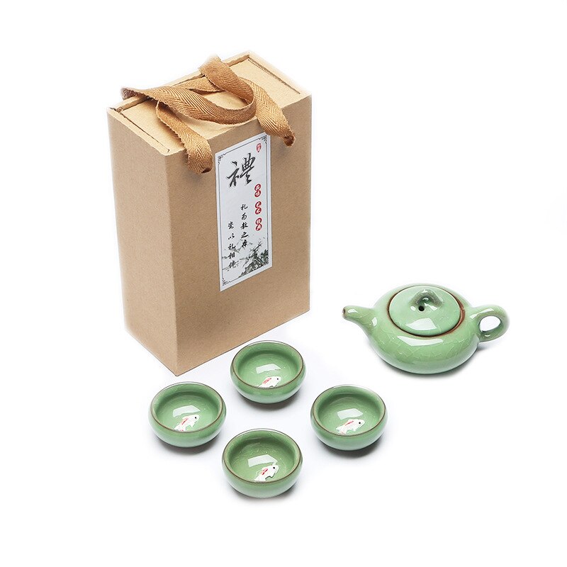 Carp Ice Crack Chinese Tea Travel Set Kung Fu Tea Set Ceramic Portable Teapot Porcelain Teaset Gaiwan Tea Cups Tea Tool: GreenB 5Pcs Gift Box