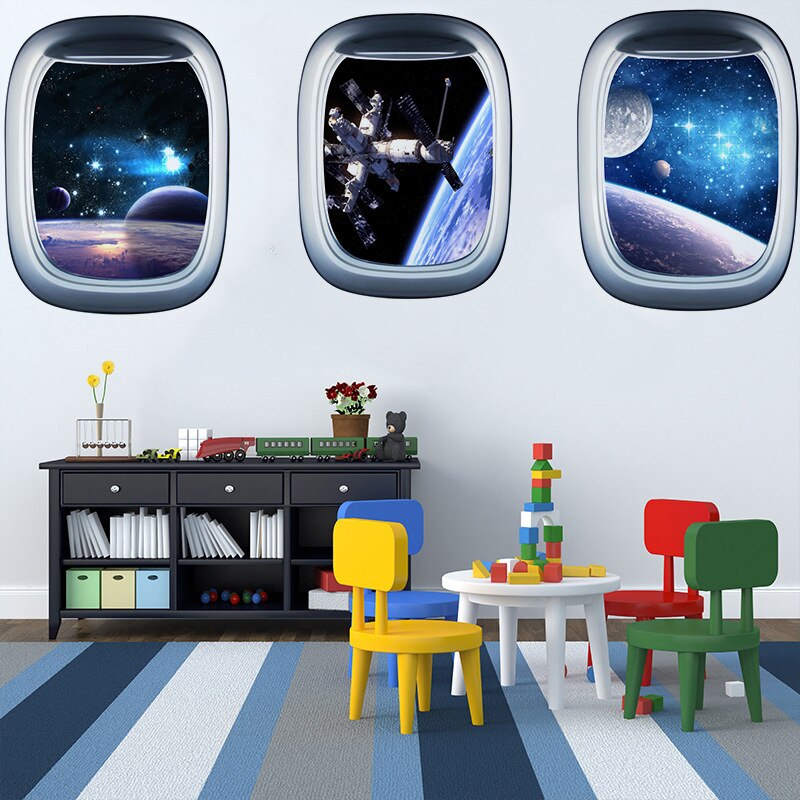Pegatina de pared 3D de galaxia espacial y planetas, papel tapiz de vinilo impermeable para decoración de guardería