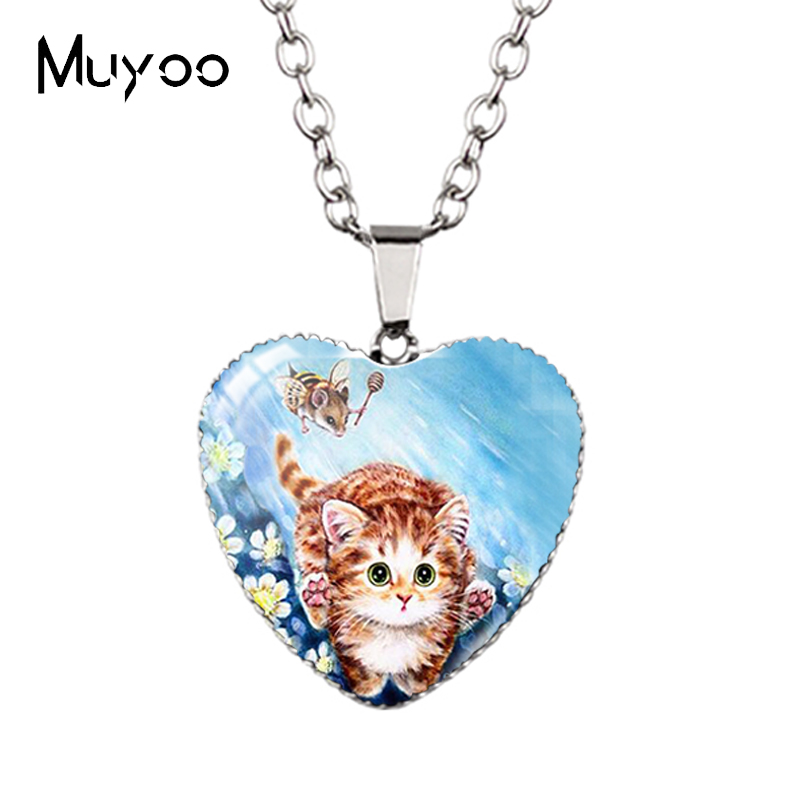Cartoon Mooie Grappige Kittens En Muis Leuke Kitty Houdt Schelp Handgemaakte Hart Ketting Hangers Hz3: Imitation Rhodium Plated