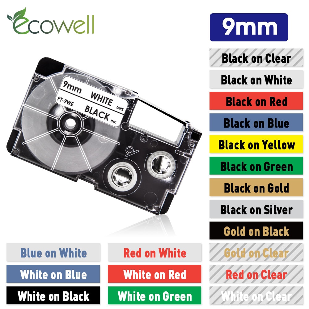 Ecowell XR-9WE XR-9X XR-9RD XR-9BU 9mm label For Casio XR-9YW XR-9GN XR-9GD label tape for Casio KL-60 KL-120 KL-100 Label Maker