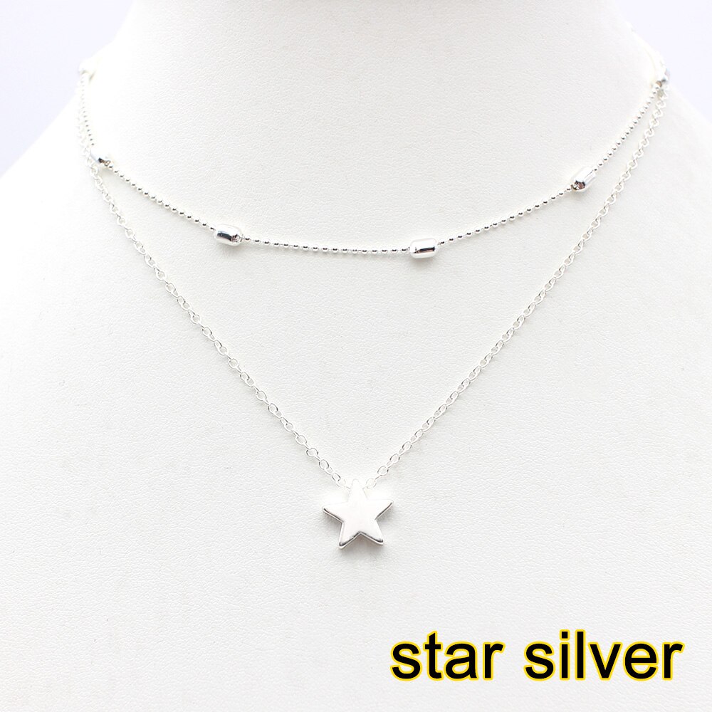 Einfache Herz zwei schichten Halsband Halsketten Für Frauen Multi Schichten Perlen Chocker kragen ras du cou Collier femme Minimalistischen schmuck: Nein4 Stern Silber-