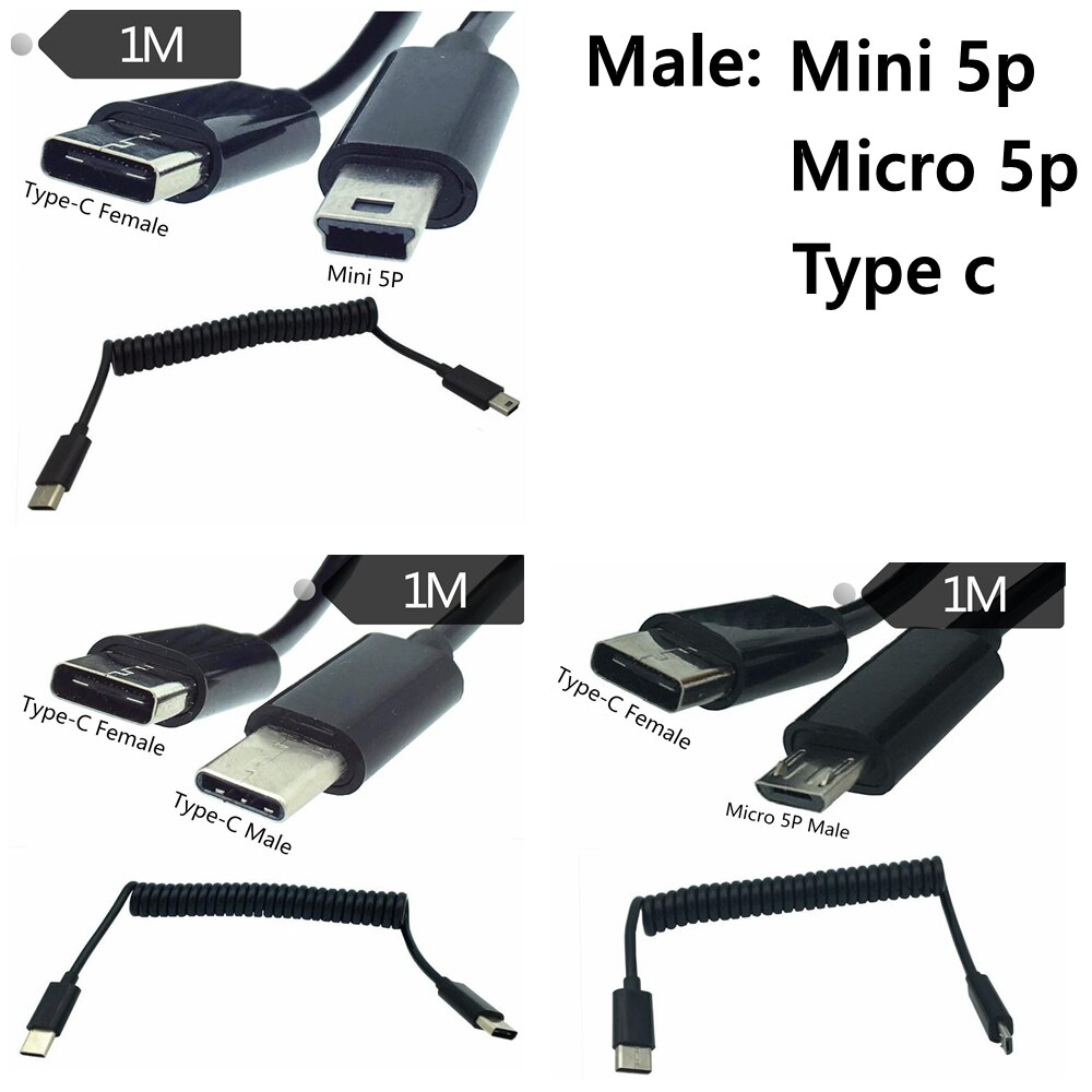 Spiraal Spiraal Usb 3.1 C-TYPE Female Naar Micro/Mini/Type-C 5P Male Adapter Adapter Kabel 1.0M 3FT
