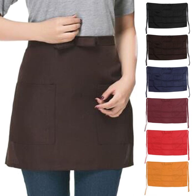 Delantal de media cintura para Bar, Pub, cocina, de algodón, 6 colores, para camarero, camarera