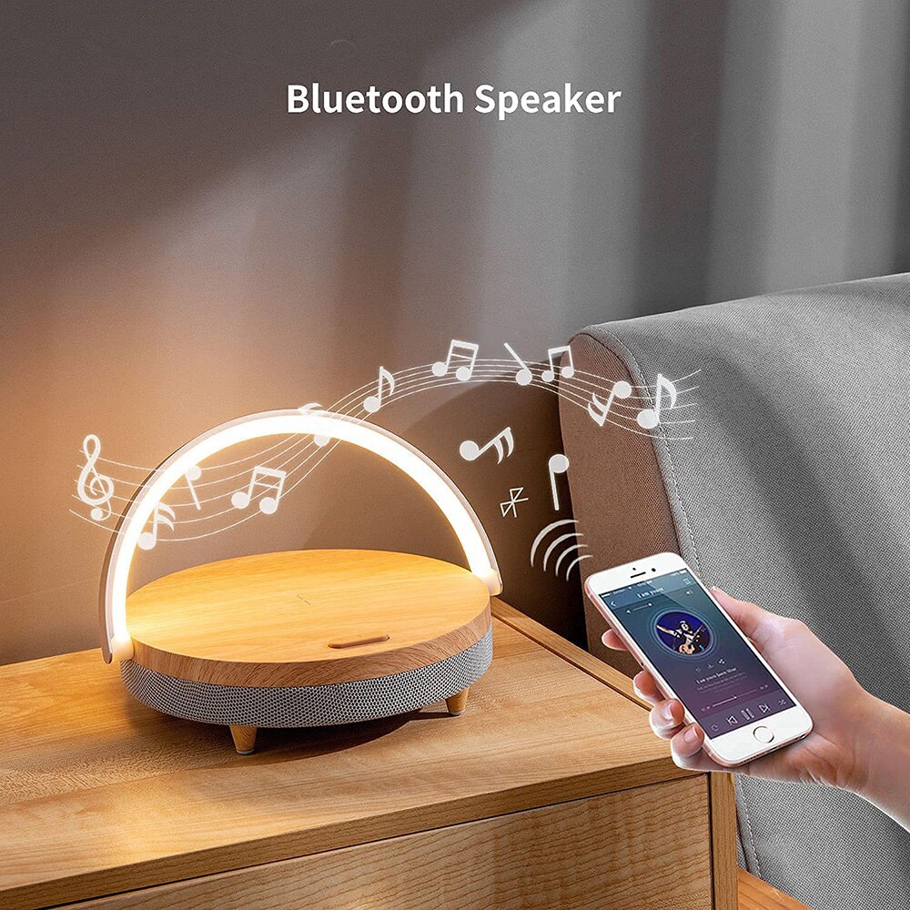 Cargador inalámbrico con Altavoz Bluetooth para IPhone 13, lámpara de mesa de madera de alta potencia, soporte para teléfono móvil, lámpara de carga inalámbrica, altavoz