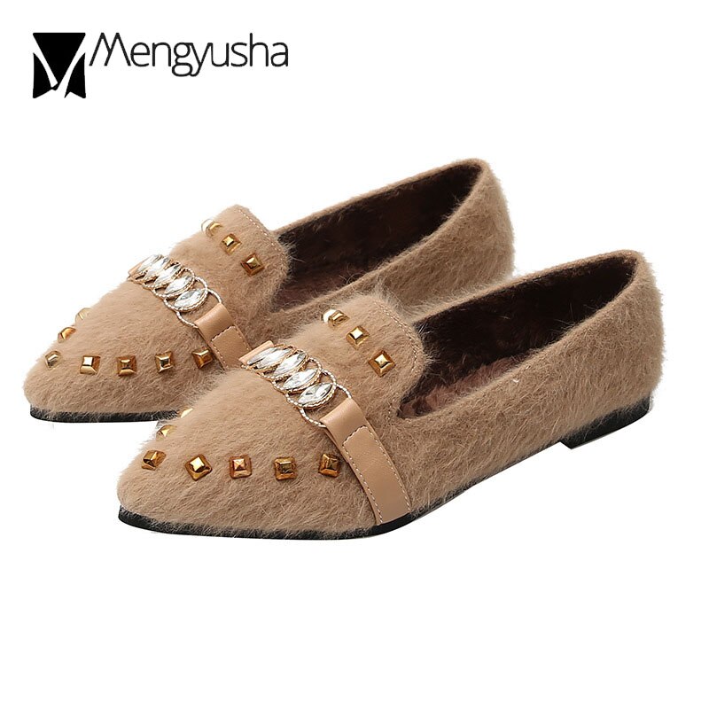 Stor størrelse ballet flade rhinestone pels flade sko kvinde guld nitter villus sko metal cirkel spænde loafers behagelige plys muldyr  c63