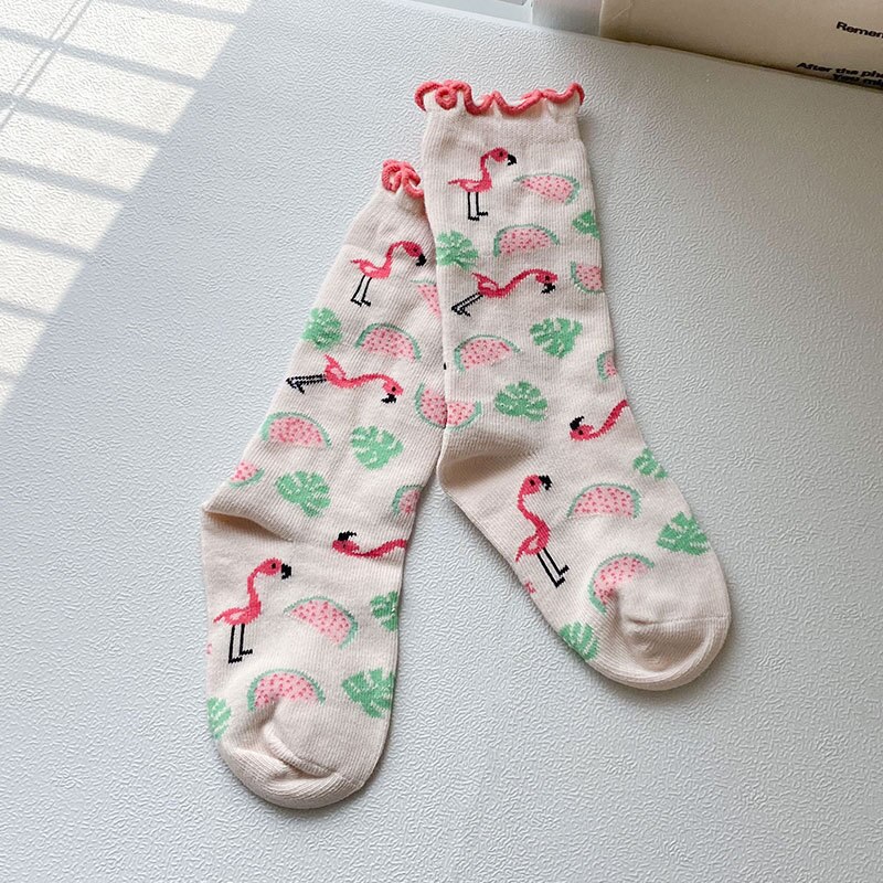 6 Paare/los freundlicher Mädchen Socken Baumwolle Niedliche Karikatur-Ebene Knie Hohe Socken für Jungen Kleinkind Boden Socken freundlicher Socken 1-8 jahre: Beige Flamingo x6 / M (3-5Y)