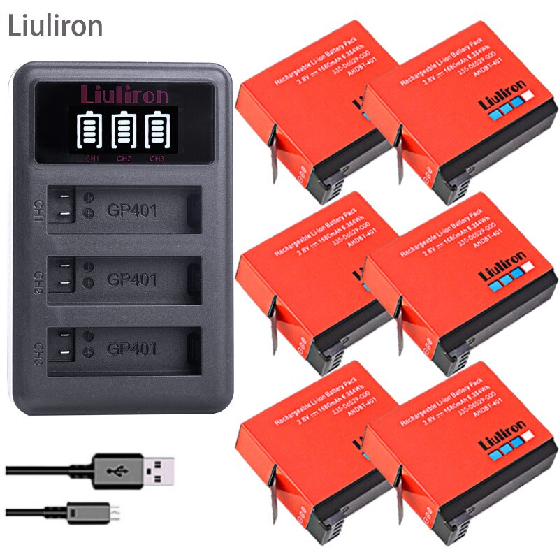 Batería de AHDBT-401 de 1680mAh para Gopro Hero 4, cargador de 3 lotes para Go Pro Hero 4, batería AHDBT 401, accesorios de cámara, 4 Uds.: charger and 6battery