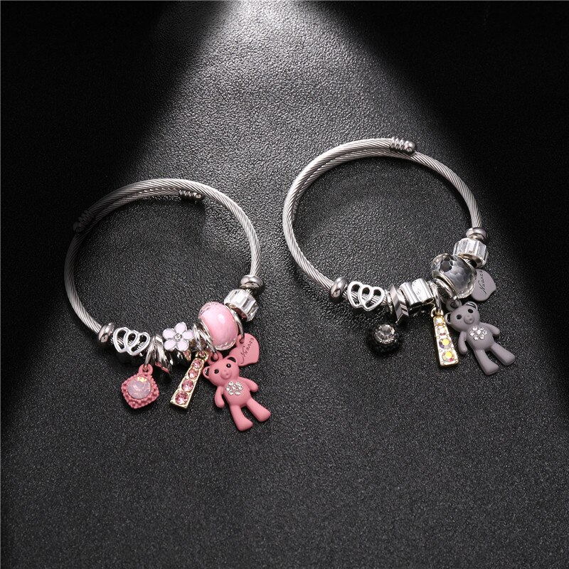 Bracelets &amp; Bangles Stainless Steel DIY Jewelry Big Pink Bear Pendant Hearts Love Women&#39;s Bracelet Cuff Charms Pulseras