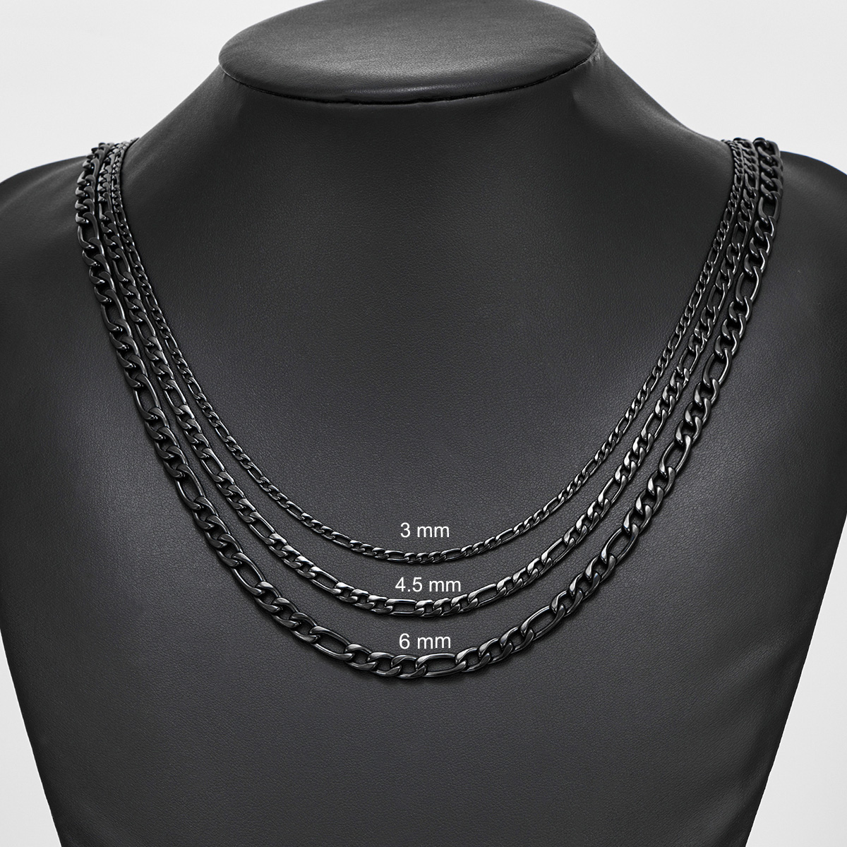 Chaîne Figaro de couleur noire, épaisseur 3mm/4.5mm/6mm, lien en acier inoxydable, collier classique pour hommes et femmes, bijoux 16 à 40 pouces