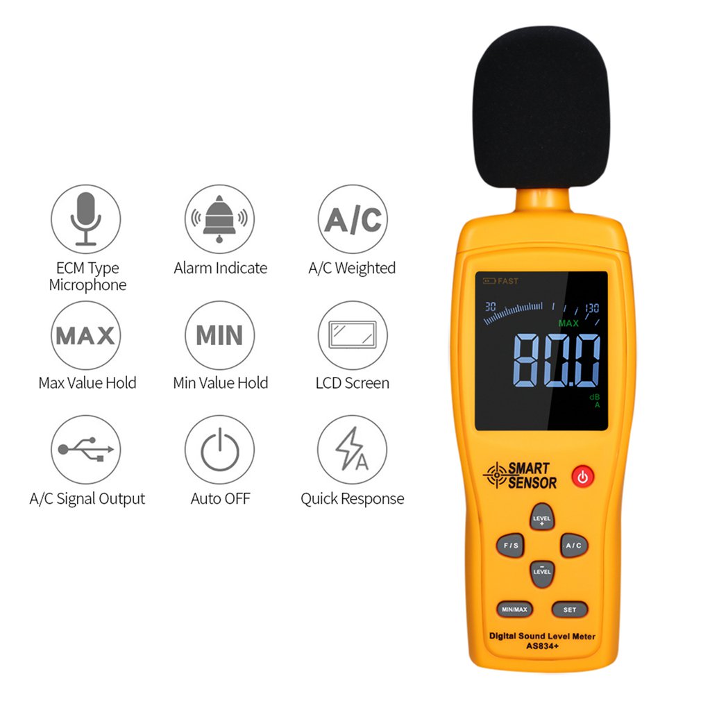 Digital Sound Noise Level Meter Decibel Detector Color LCD Display 30 ~ 130 DBA / 35 ~ 130dBC Db AS834 + Noise Level Meter
