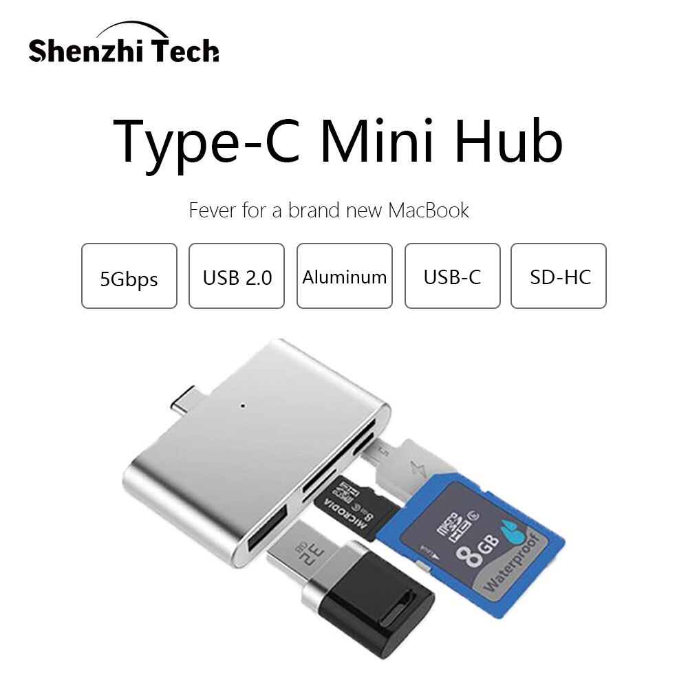 Mini USB C Hub, SD TF Card Reader, Aluminum USB C Adapter Smart OTG Reader for Laptop Tablet Smartphone