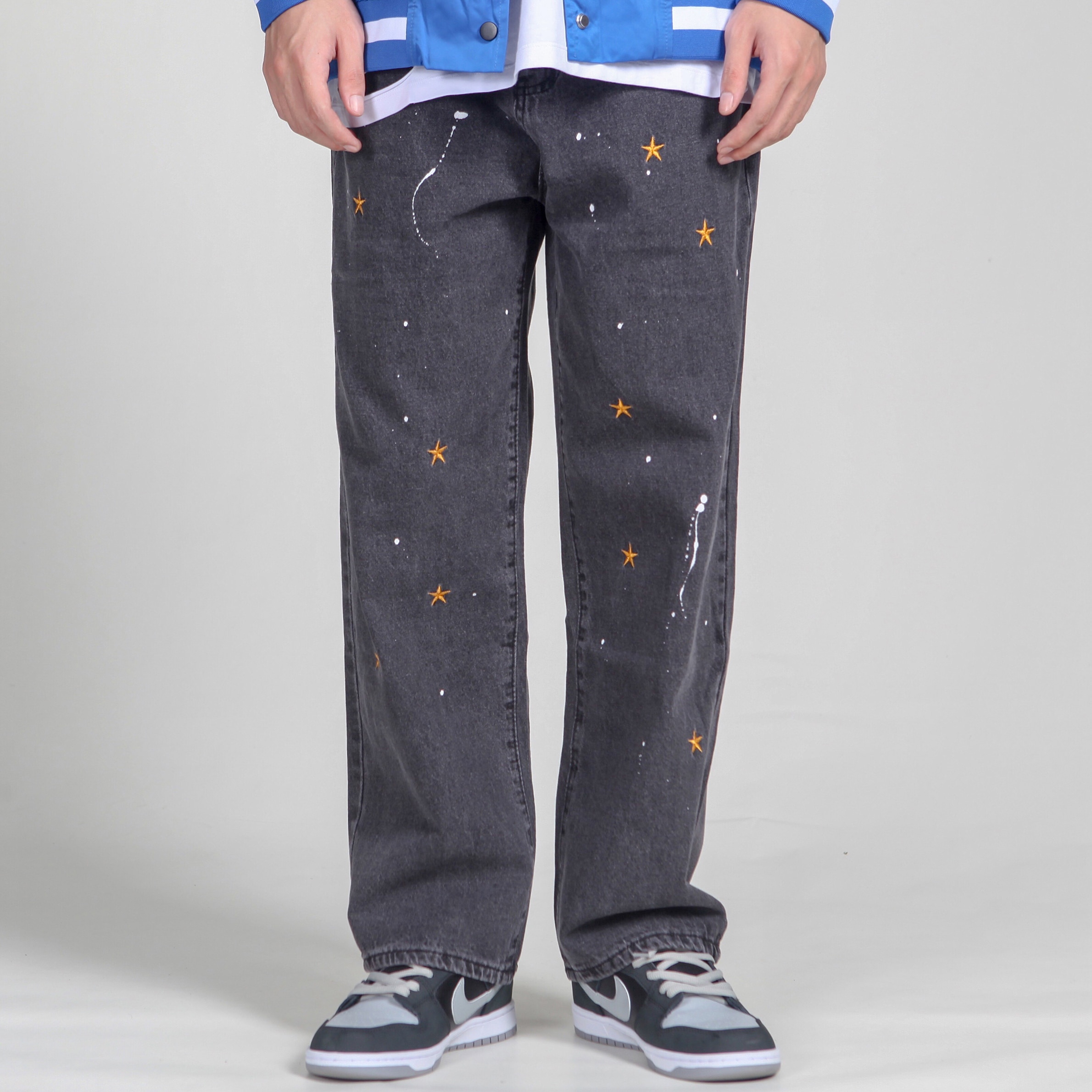 Iefb / herrkläder street splash-ink broderade lösa jeans trendiga raka vintage pappa byxor män hip hop jeansbyxor 9 y 4180