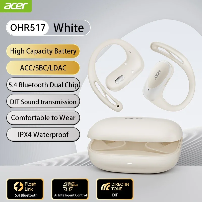 Acer ohr -517 ows auricolari aperti auricolari auricolari wireless bluetooth 5.4 cuffie auricolari ad alta risoluzione auricolari sportivi bass boost 48 ore: Bianco