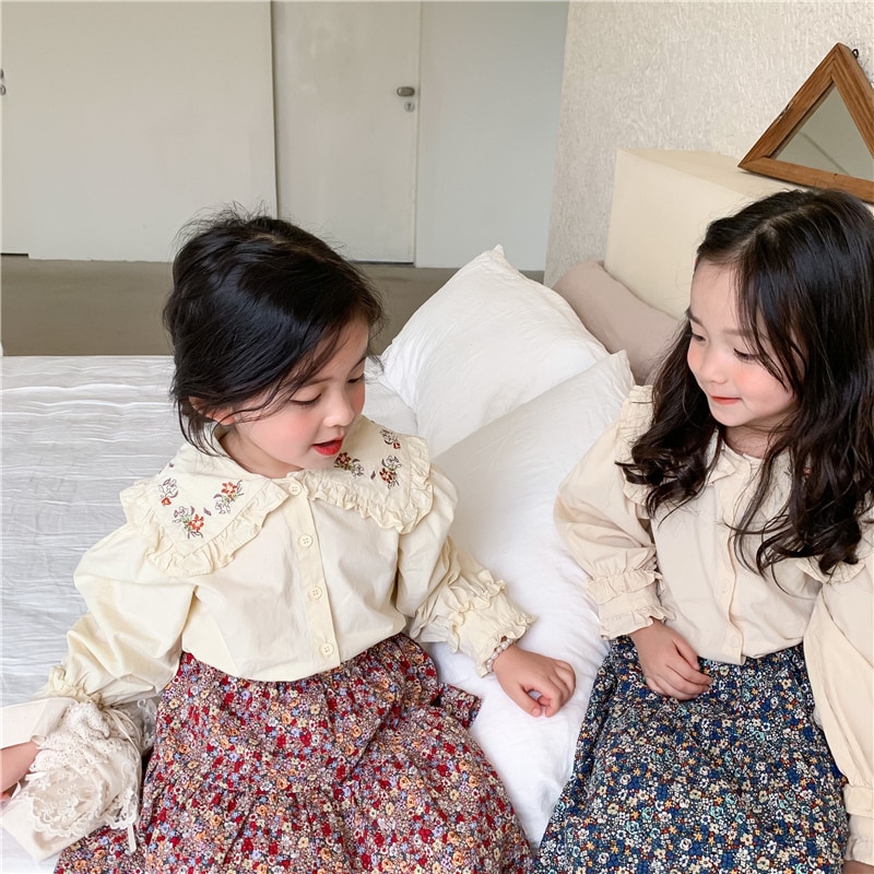Blusa informal de manga larga con cuello vuelto para Primavera, camisa con bordado de estilo coreano para niñas