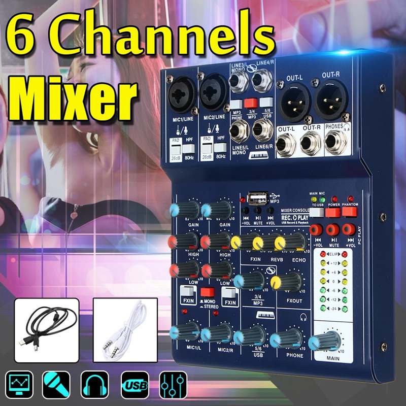 LEORY A6 48V Phantom 6 Kanaals Sound Mixing Console USB Opnemen Geluidskaart Computer USB Audio Mixer DSP Mengen console Karaoke