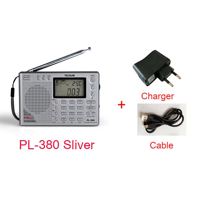 Tecsun pl -380 pl380 radio digital pll bærbar radio fm stereo / lw / sw / mw dsp modtager radio: Flis og oplader