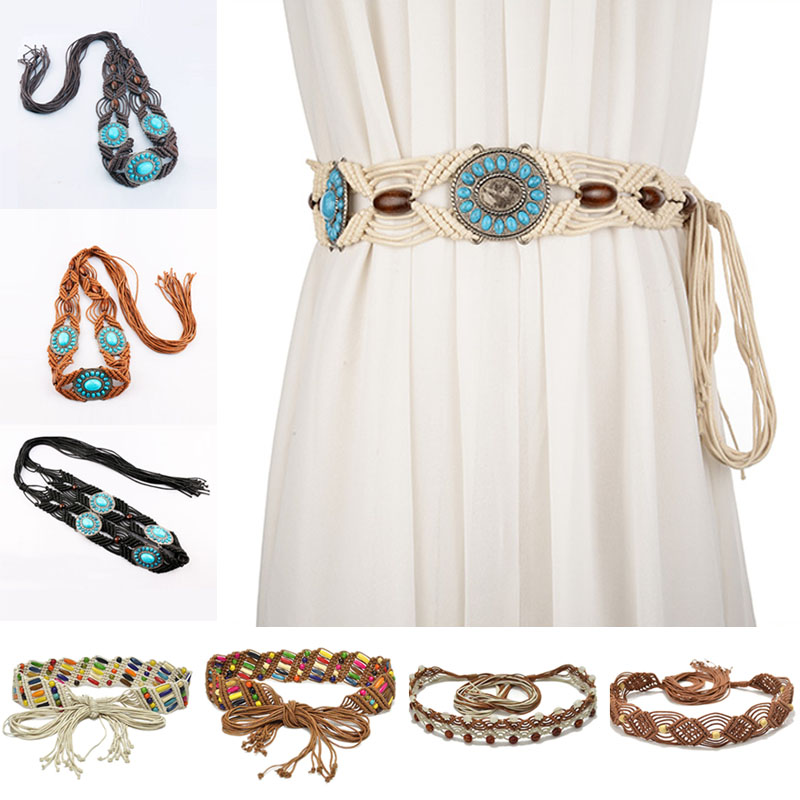 Correa de cera de viento étnica para mujer, cinturón tejido hecho a mano, cadena de cintura Bohemia, accesorios de vestido, cinturón de falda