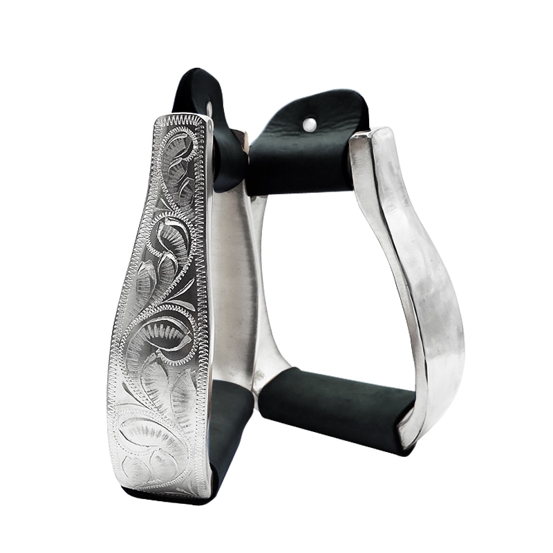 Aluminium visalla stigbøjle med håndgraveret. læderindpakket bånd. (sst 3101): Sort læder