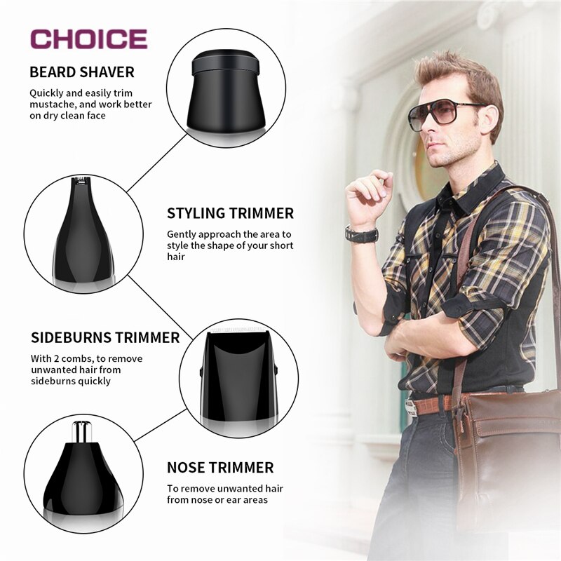 4 IN 1 Man Shaver Nose Ear Hair Trimmer Sideburns Face Beard Cordless USB for Home & Travel Black Multifunctional Remover