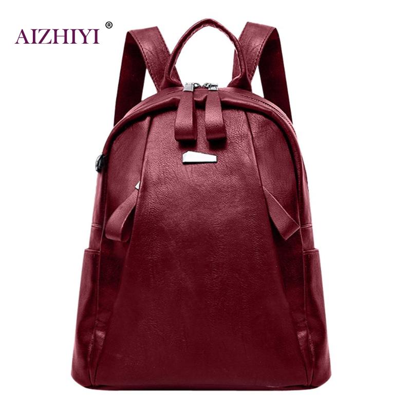 Women Solid PU Leather Backpacks Mochila Escolar Teenagers Zipper School Bags Girls Teenage Travel Casual Shoulder Bag Rucksack: Wine Red