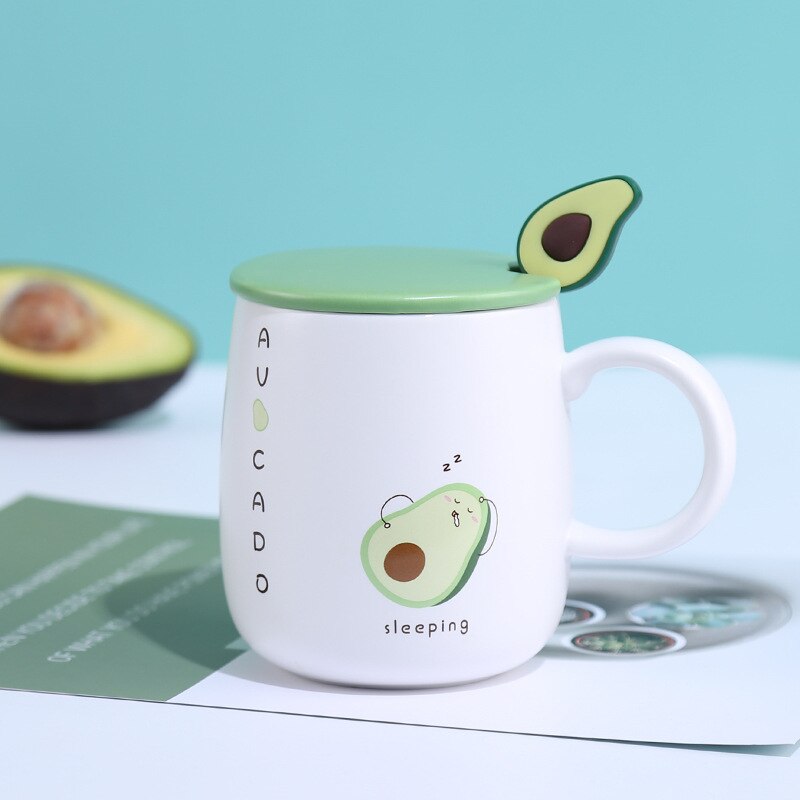 Cartoon Avocado Ceramic Coffee Mug With Lid Spoon Heat-resistant Milk Tea Water Mugs Home Office School Drinkware Cup Cute: 4