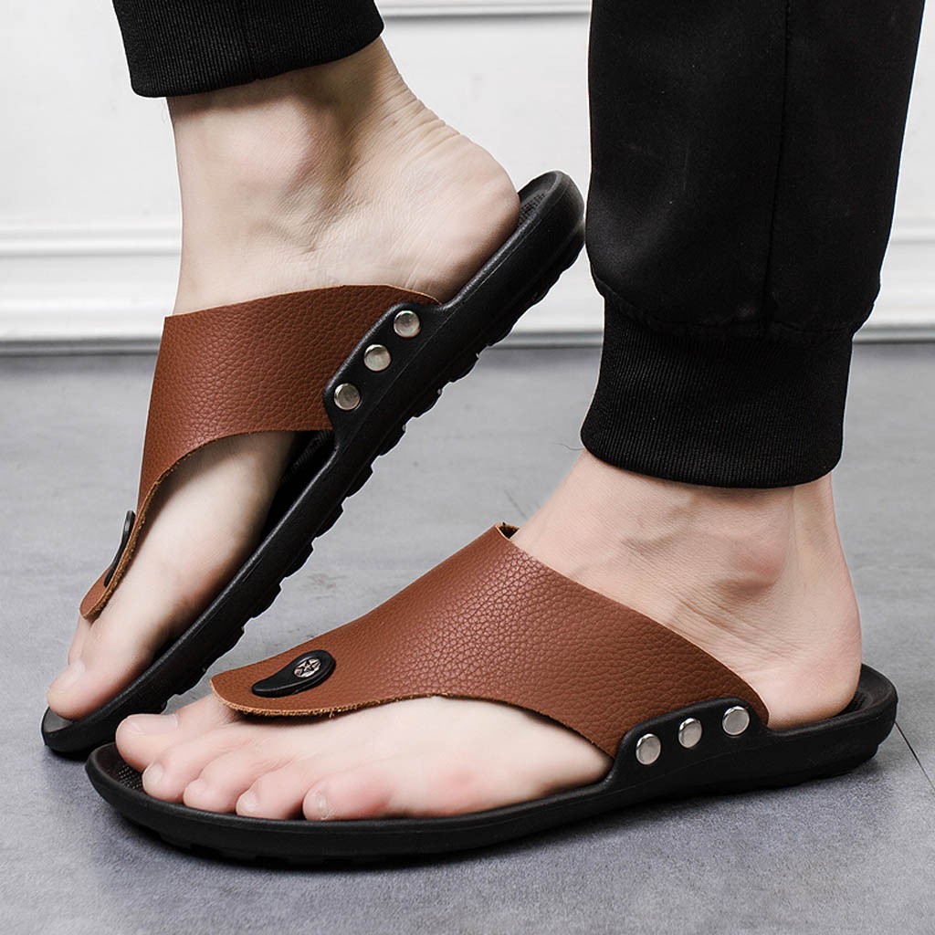 Herrtofflor solid läder flip flops herr bekväma t-rem sandaler med öppen tå sommar rom flip flop chinelo masculino beach