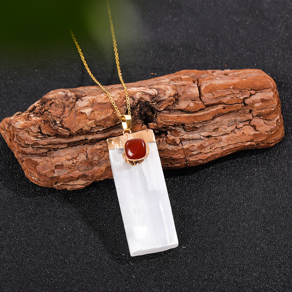 Amuleto de cristales curativos de Reiki con colgante rectangular plano de citrino amatista con incrustaciones de selenita cruda Natural con tapa chapada en oro: Azul oscuro