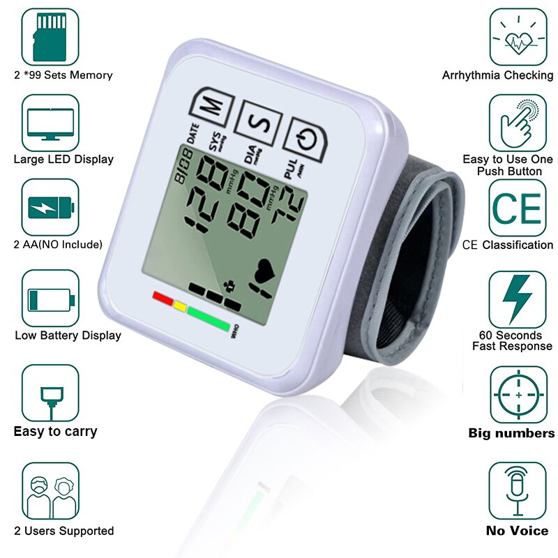 Automatic Wrist Blood Pressure Monitor BP Sphygmomanometer Pressure Meter Tonometer For Measuring Arterial Pressure Oximeter