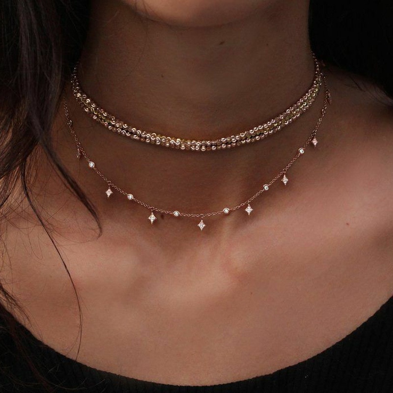 Multilayer Kralen Chokers Kettingen Voor Vrouwen Rhinestone Ster Kwastje Ketting Vrouwelijke Mode-sieraden Goud Kleur Collier